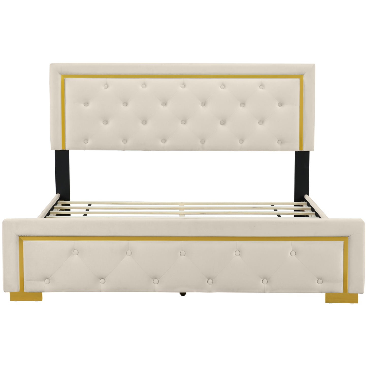 Queen Size Upholstered Platform Bed With Pull Point Headboard And Metal Wire Frame At The Head And Foot Of The Bed, Metal Feet, Velvet, Beige