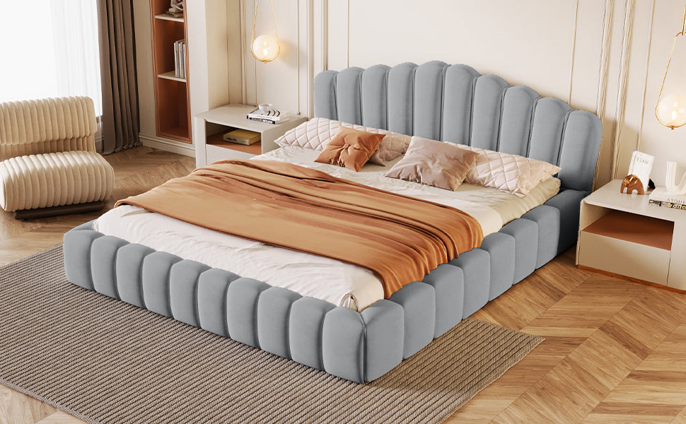 （缺货）Velvet Upholstered Queen Bed Floor Bed Frame Shell-Shaped Headboard for Bedroom,No Box Spring Needed,Light Blue