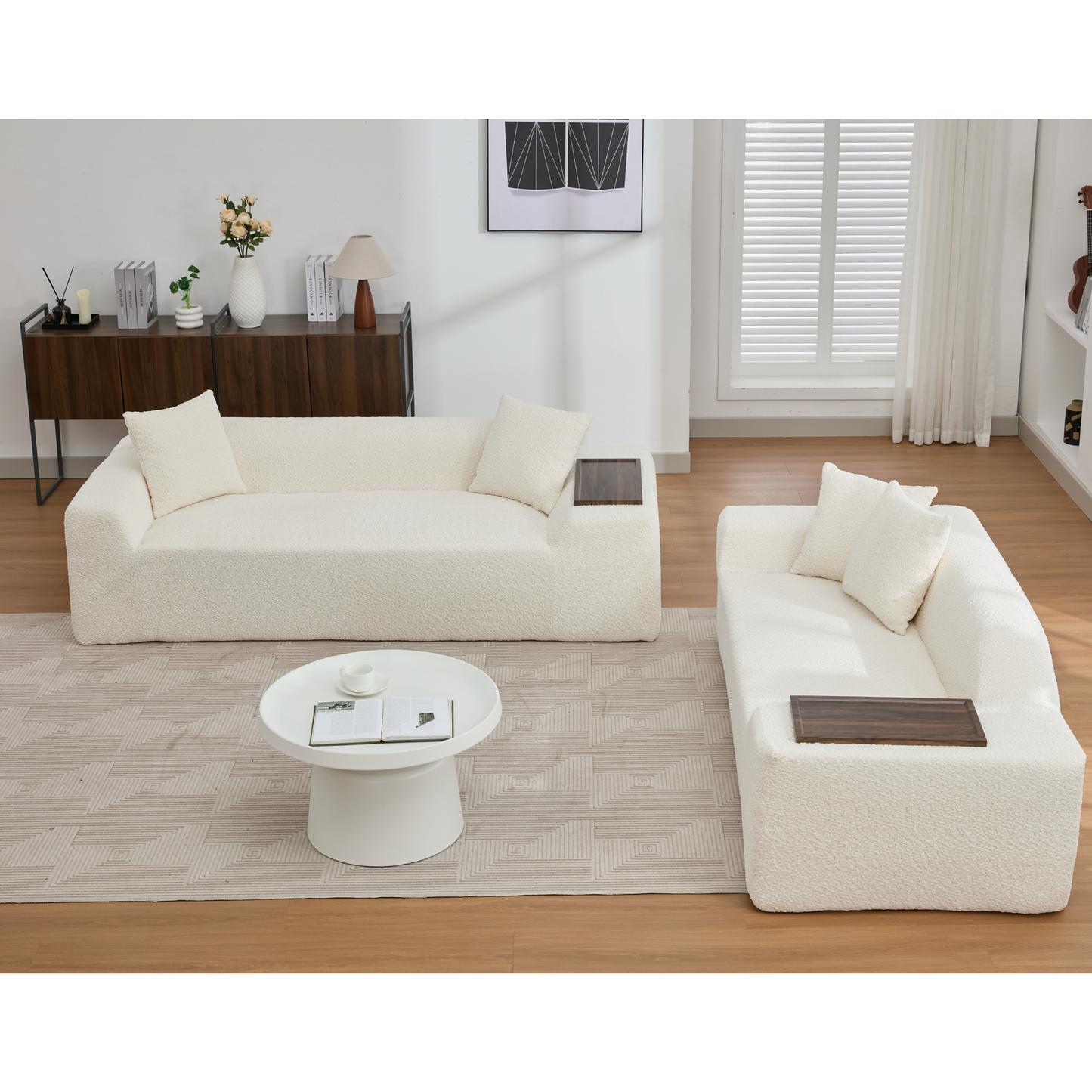 [NEW ARRIVED] [VIDEO PROVIDED]2 Piece Boucle Cloud Sofa Set, Upholstered Sofa Set, Modern 3 Seater and 2 Seater Sofa with MDF End Table for Living Room ,Apartment,3+2 couch,Boucle,Beige