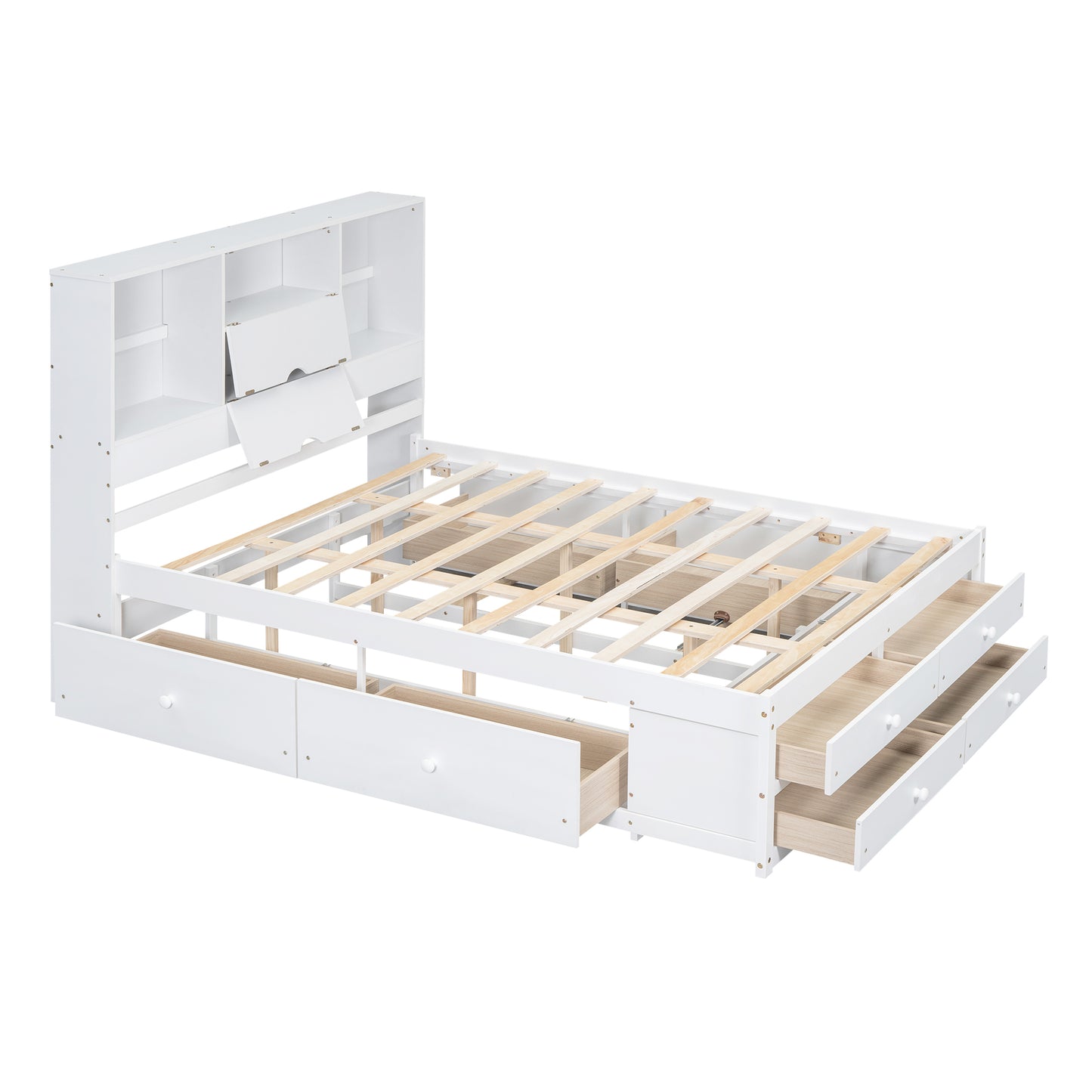 （缺货）King Size Platform Bed with Storage Headboard and 8 Drawers, White