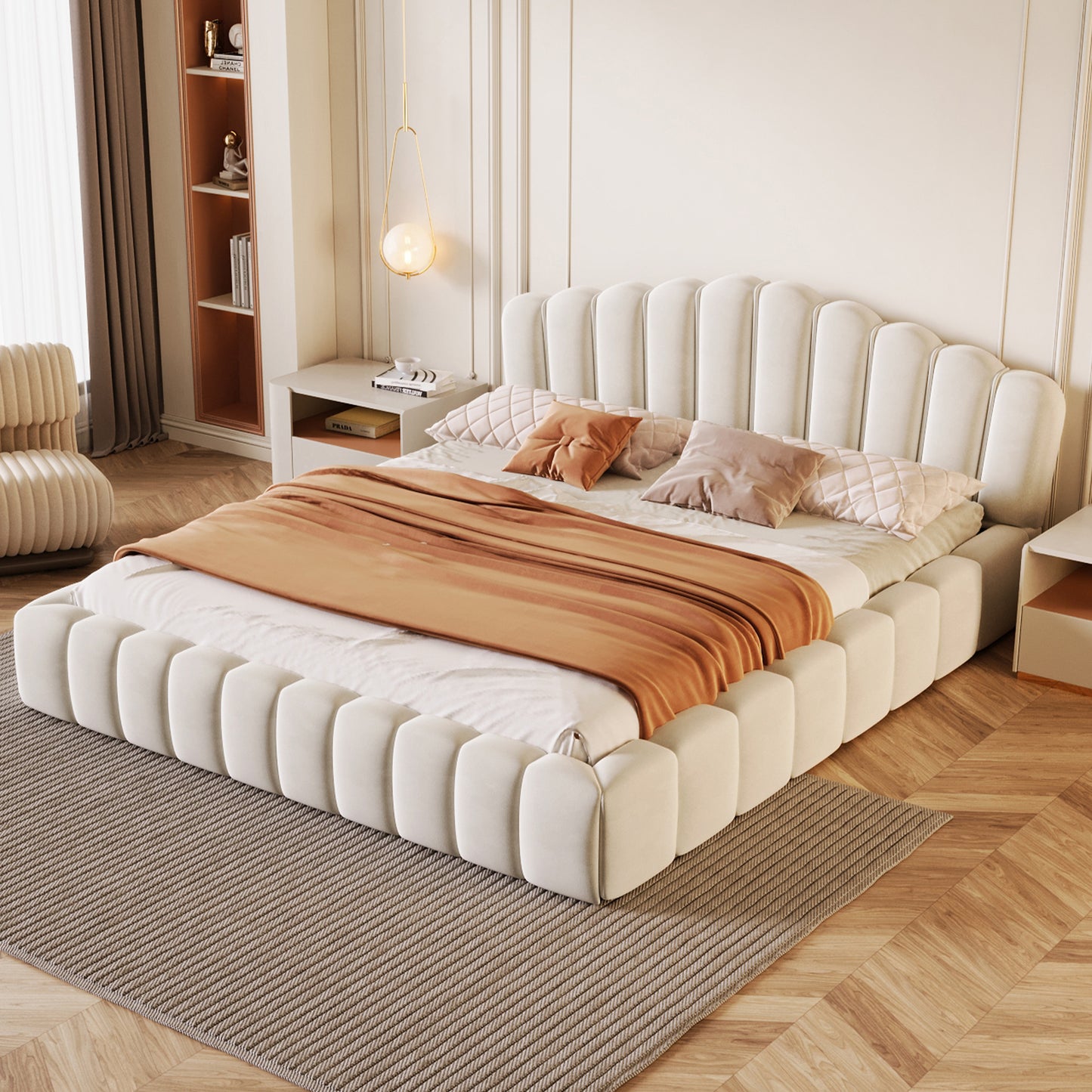 Velvet Upholstered Queen Bed Frame Floor Bed Shell-Shaped Headboard for Bedroom,No Box Spring Needed,Beige