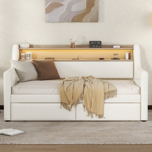 Twin Size Daybed with Storage Drawers, Upholstered Daybed with Charging Station and LED Lights, White