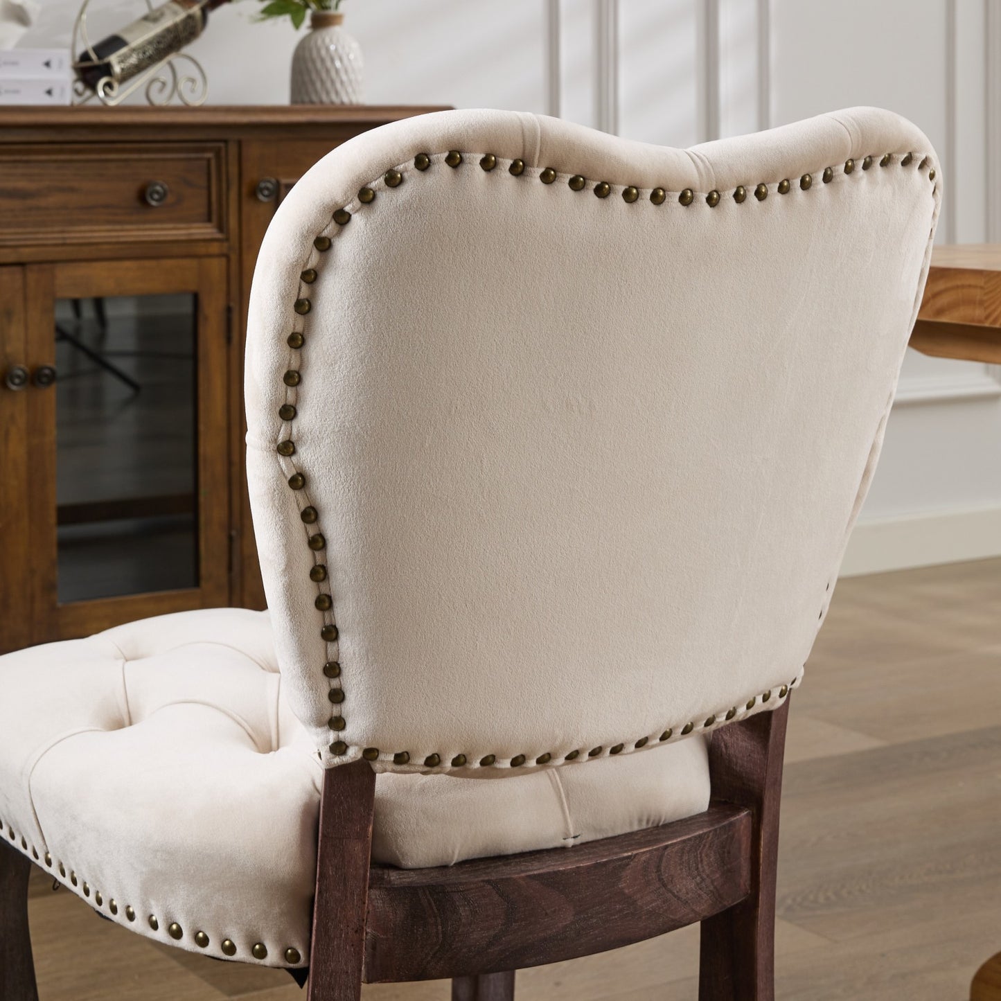 French Vintage Tufted Upholstered Fabric Dining Chair,Set of 2,Beige,SW1869BG