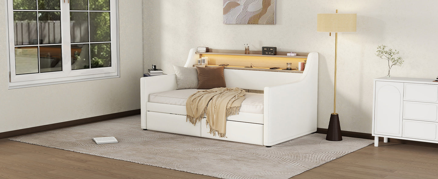 Twin Size Daybed with Storage Drawers, Upholstered Daybed with Charging Station and LED Lights, White