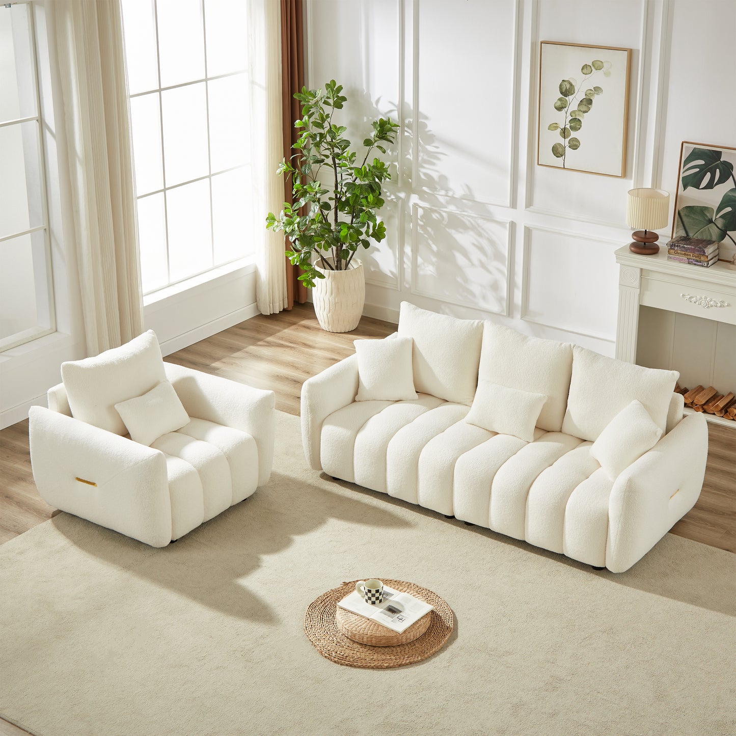 （预计12.23-12.30到货）3 Seater + 1 Seater Combo Sofa Modern Living Room Sofa, Teddy Sofa, Wooden Frame, 4 Cushions, Apartment Sofa Furniture