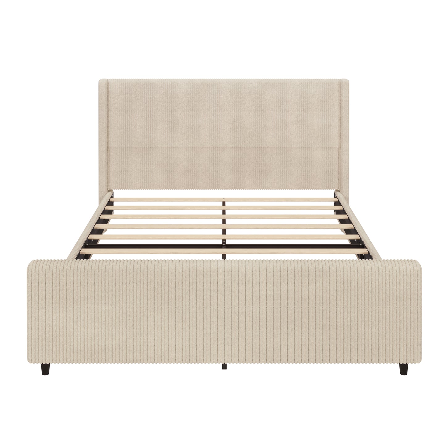 （9.17-9.24补货）50.7'' High Headboard Corduroy Upholstered Bed Frame with Vertical Stripe Wingback and High Footboard No Box Spring Needed, King Size, Cream