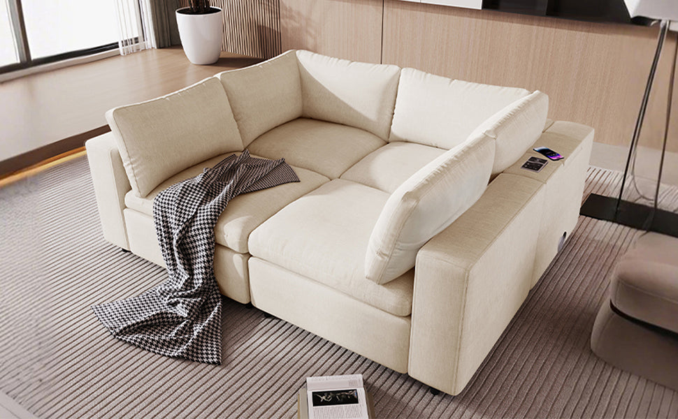 U-style Upholstered Modular Sofa with with Storage Space, USB Charge Ports,Wireless Charging and Built-in Bluetooth Speaker in Arm,Sectional sofa for Living Room Apartment.[old sku:WY000317AAA]