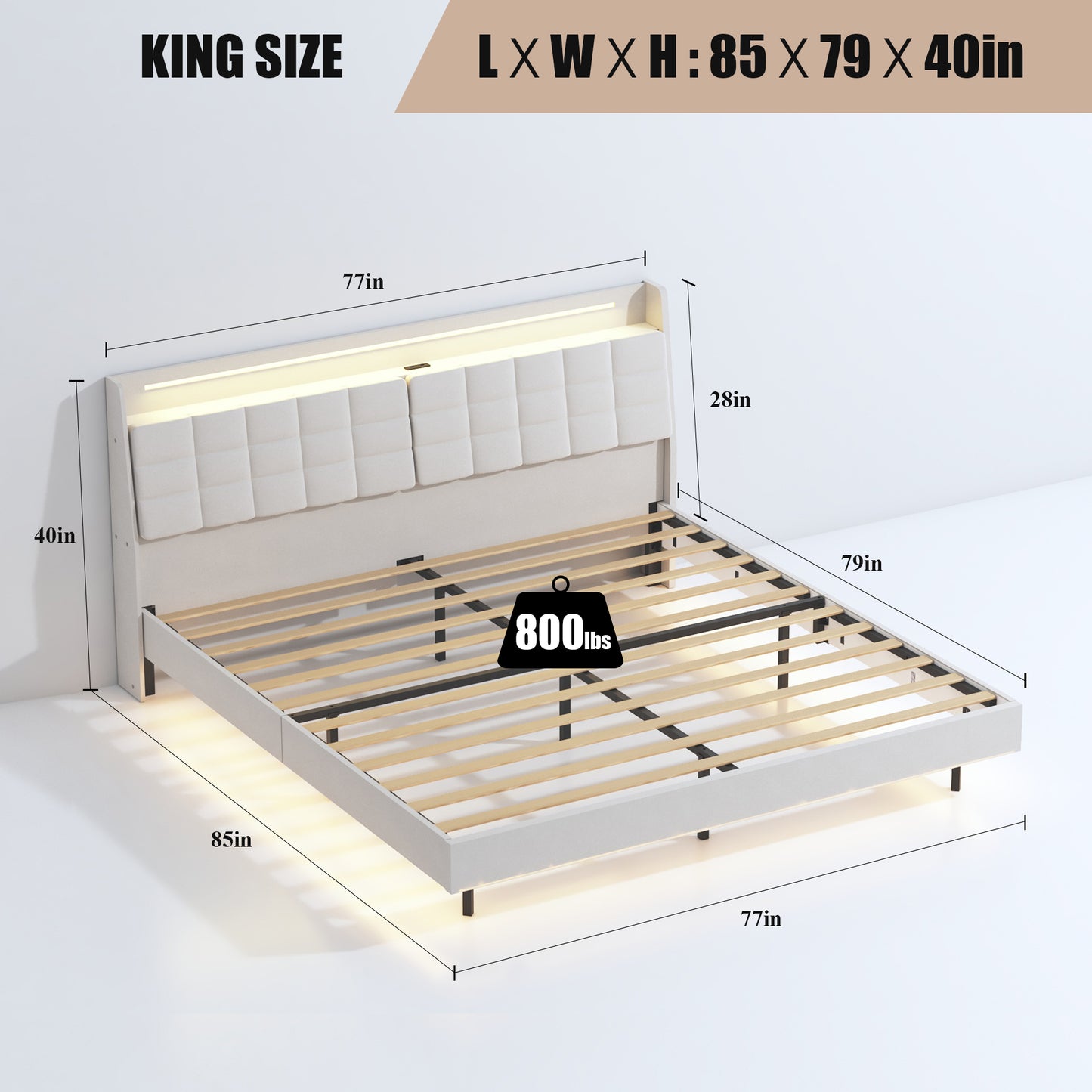 （预计9.18~9.25到货，同款queen size有货）King Floating Bed Frame with LED Light and Charging Station Upholstered Platform Bed Frame King Size with Headboard and Hidden Storage Space, No Box Spring Needed, Beige