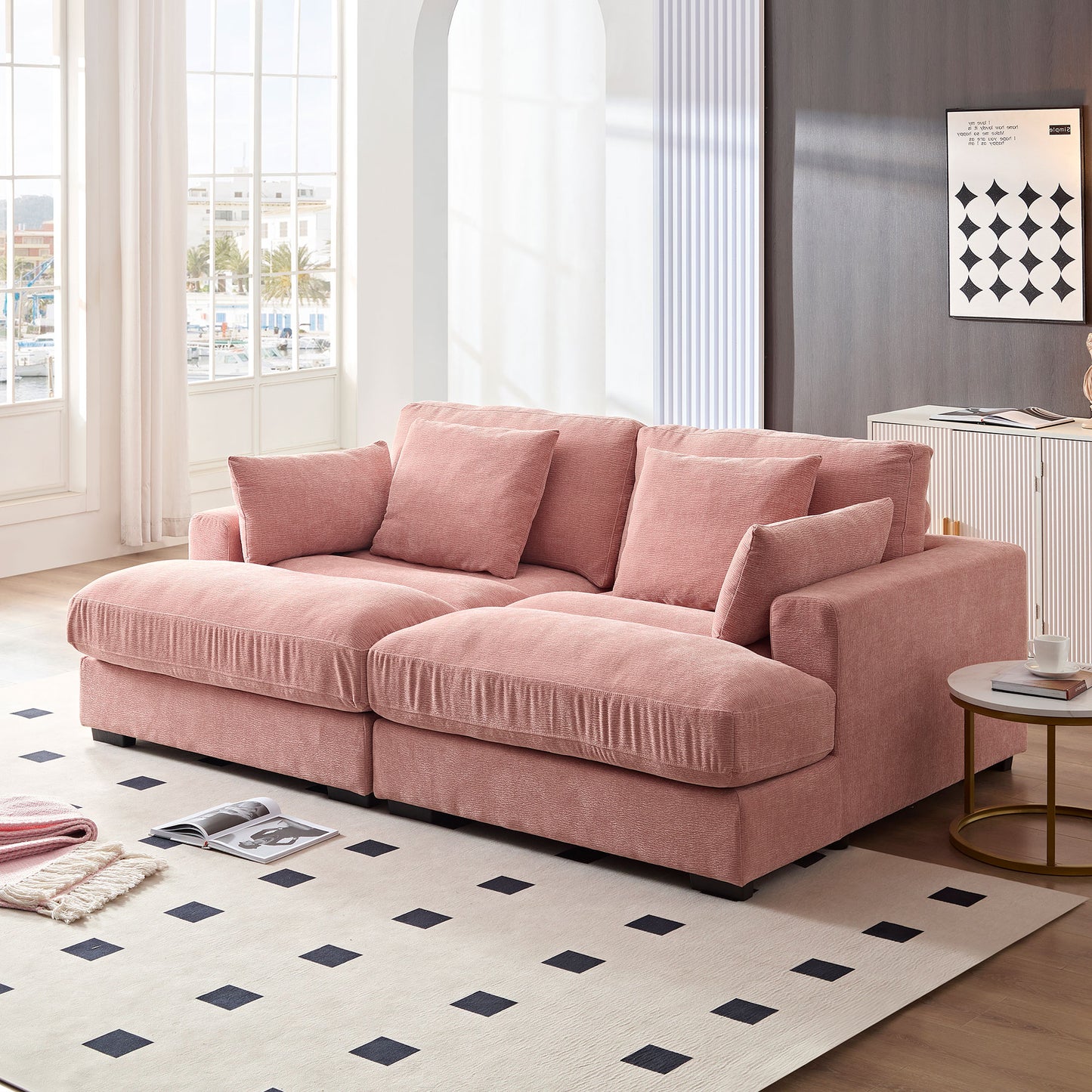 89.76 inch Double Sleeper Sofa Cloud Couch Soft Fluffy Fabric Upholstery with Square Armrests,Comfor Daybed with Over Wide Sofa Bed,Modern Beanbag for Living Room Apartment,Pink