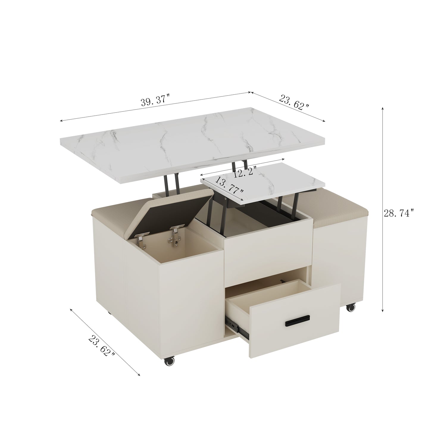 Modern Lift-Up Coffee Table with 4 Stools Set for Living Room Expandable 1 Hidden Storage + 2 Drawers Space Saving Folding Dining Table