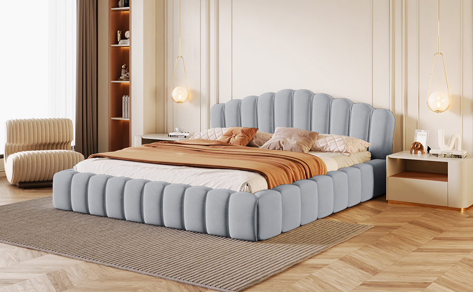 （缺货）Velvet Upholstered Queen Bed Floor Bed Frame Shell-Shaped Headboard for Bedroom,No Box Spring Needed,Light Blue