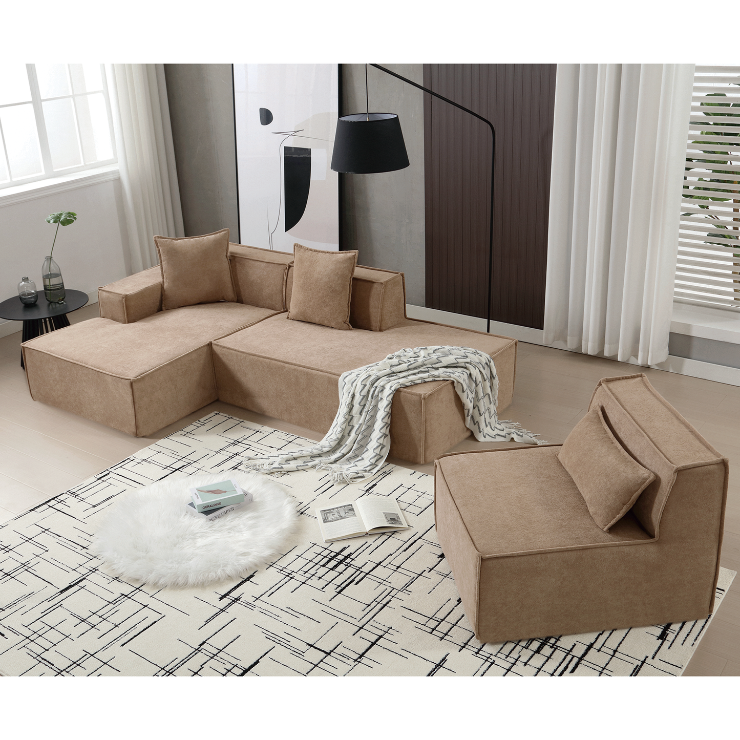 Modular combination living room sofa set, modern minimalist sofa, free installation sofa, L-shaped, Italian minimalist tofu block sofa, Left-Hand Facing, Light Brown