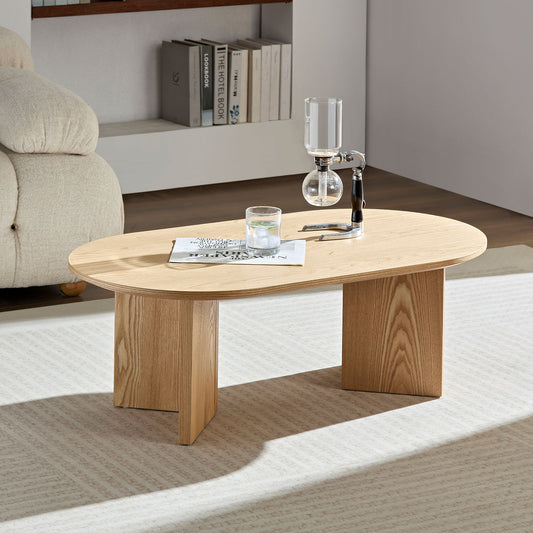 Length 39.37 Inch Modern Coffee Table,MDF Oval Coffee Table for Living Room,Small Coffee Table with Sturdy Pedestal for Apartment,Bedroom,OAK