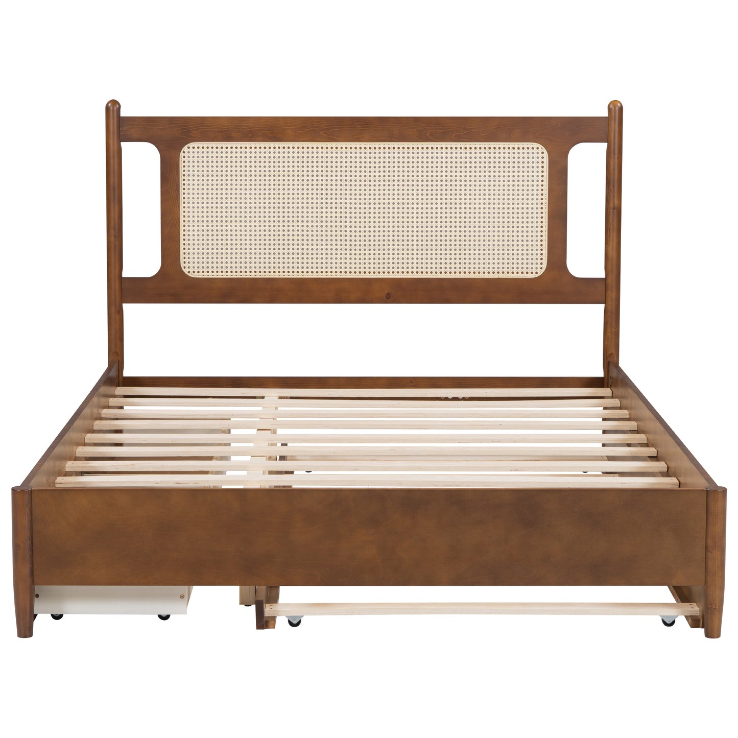 Queen Size Wooden Rattan Platform Bed, with 2 Big Drawers, T Size Trundle, Brown