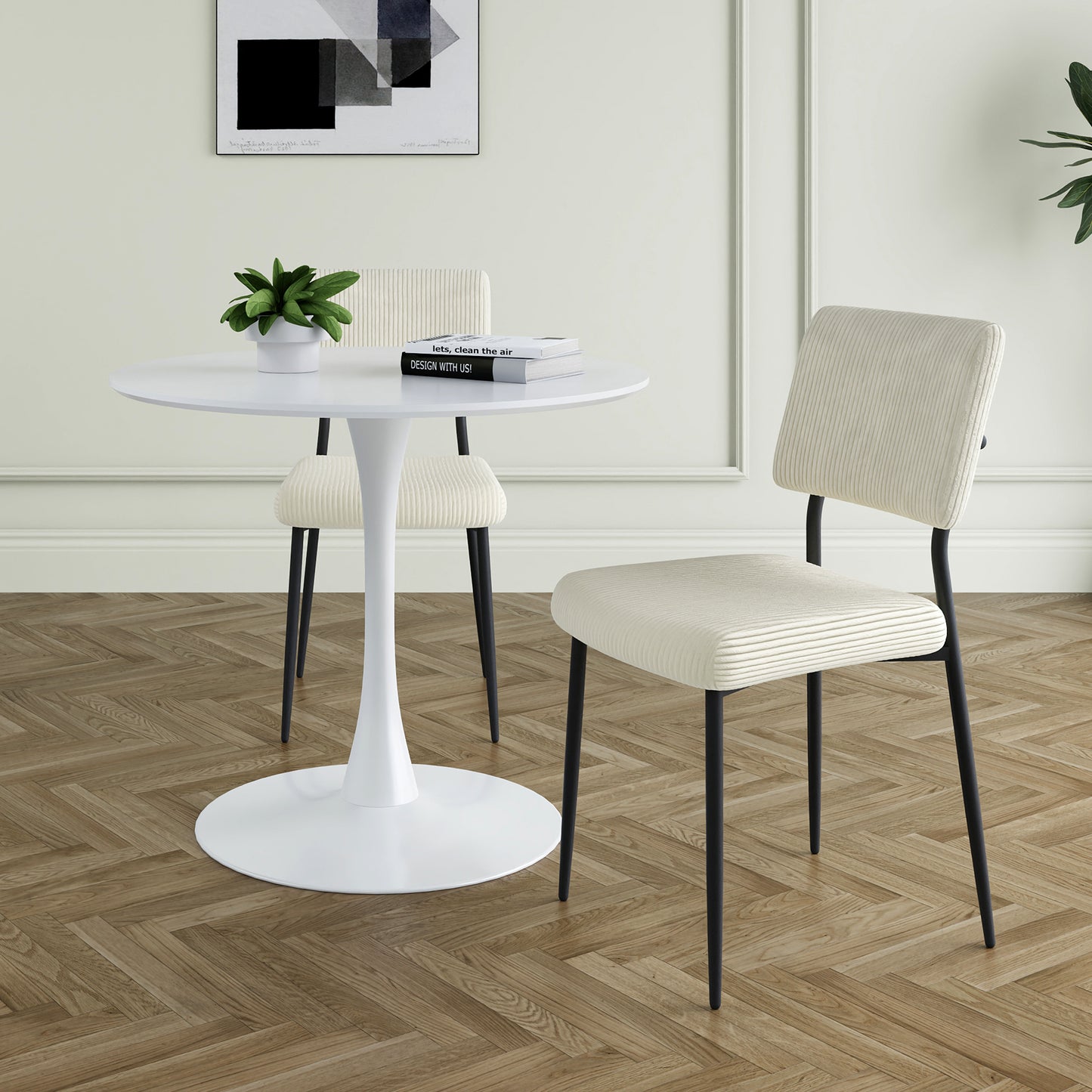 （缺货）Modern beige simple velvet dining chair fabric upholstered chair Home bedroom stool back dressing, white round table set, chair black metal legs (set of 3)