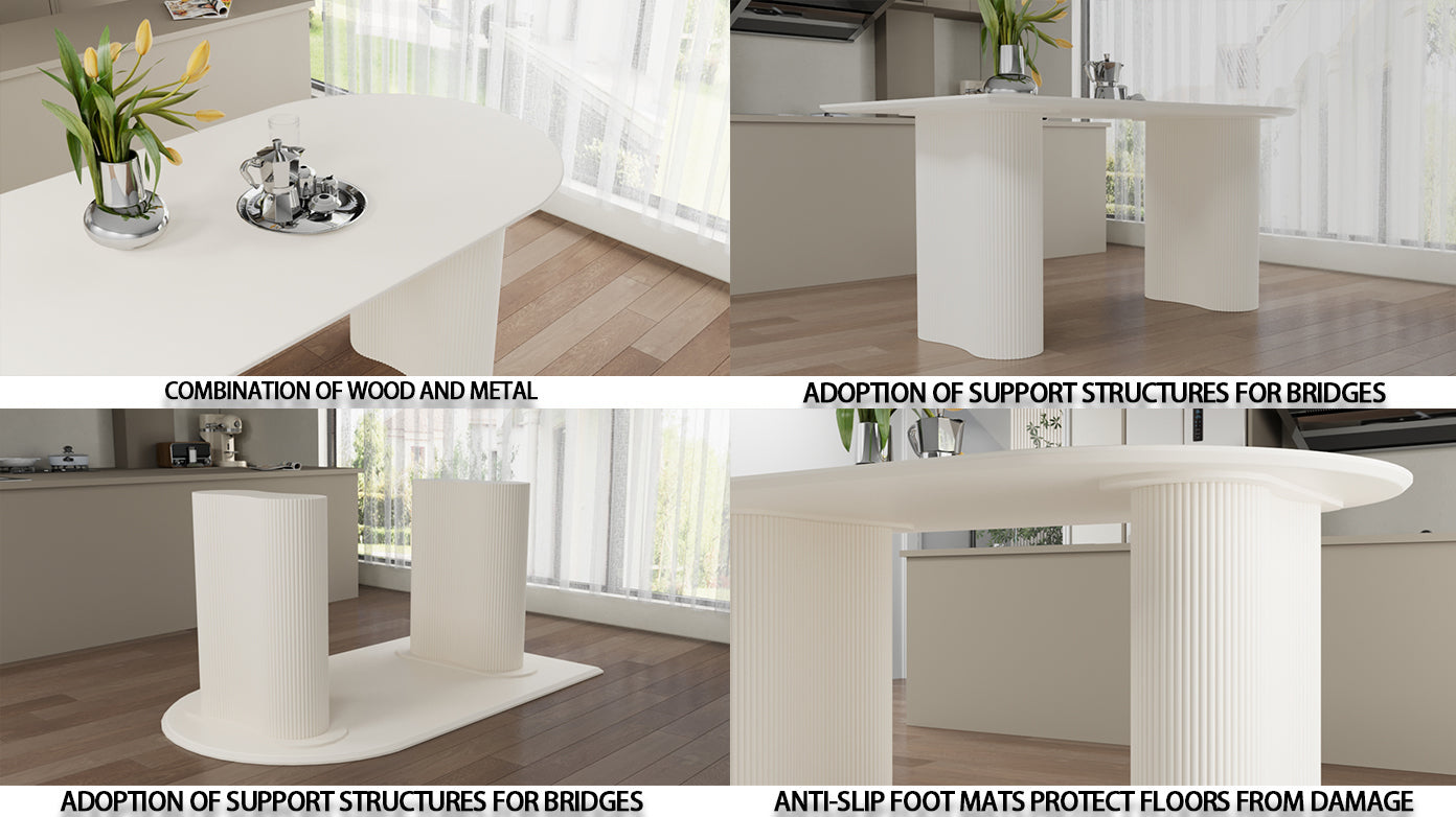 63 "Modern Fashion MDF New Cream Style Coffee Table and Irregular Side Table, 4-8 Person Dining Table, Thick Engineering Wood Round Wave Table Legs, Home Kitchen Thick Elegant Cream White Table Top