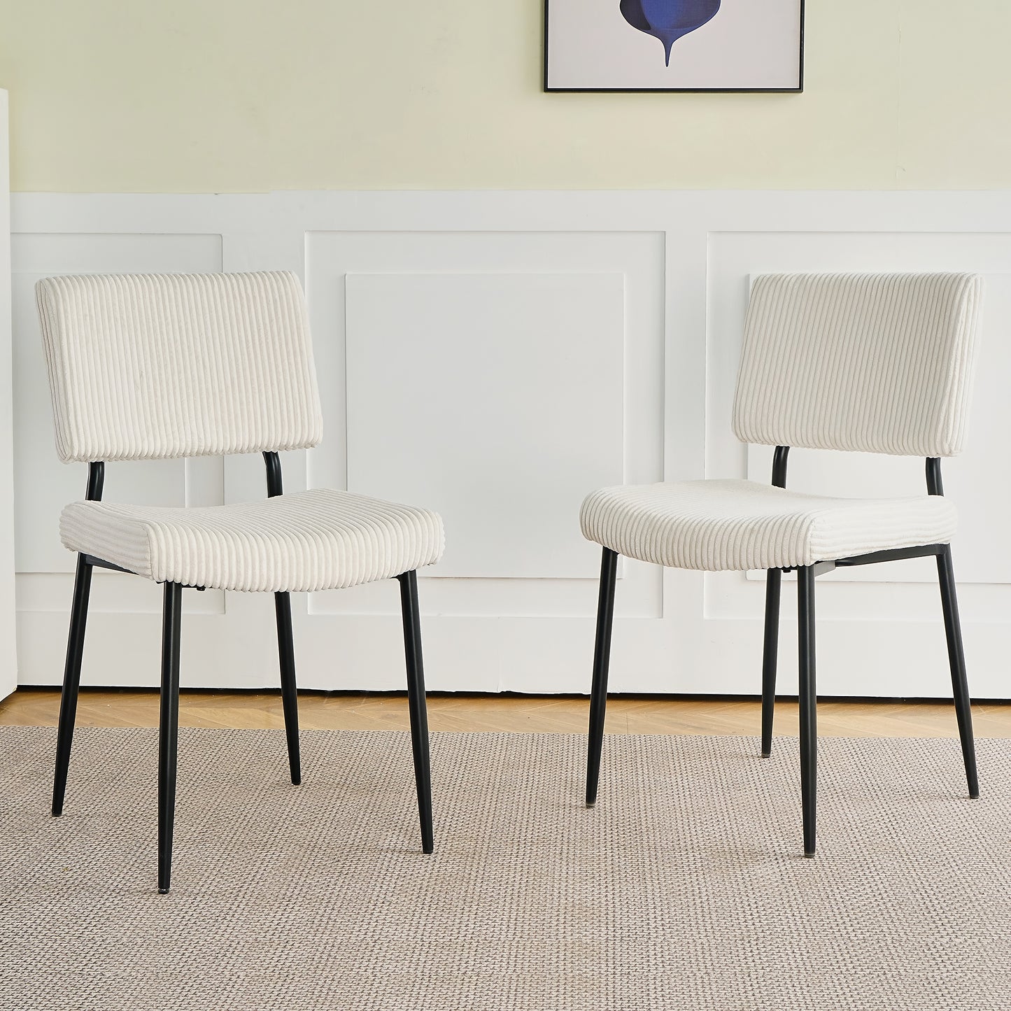 （缺货）Modern beige simple velvet dining chair fabric upholstered chair Home bedroom stool back dressing, white round table set, chair black metal legs (set of 3)