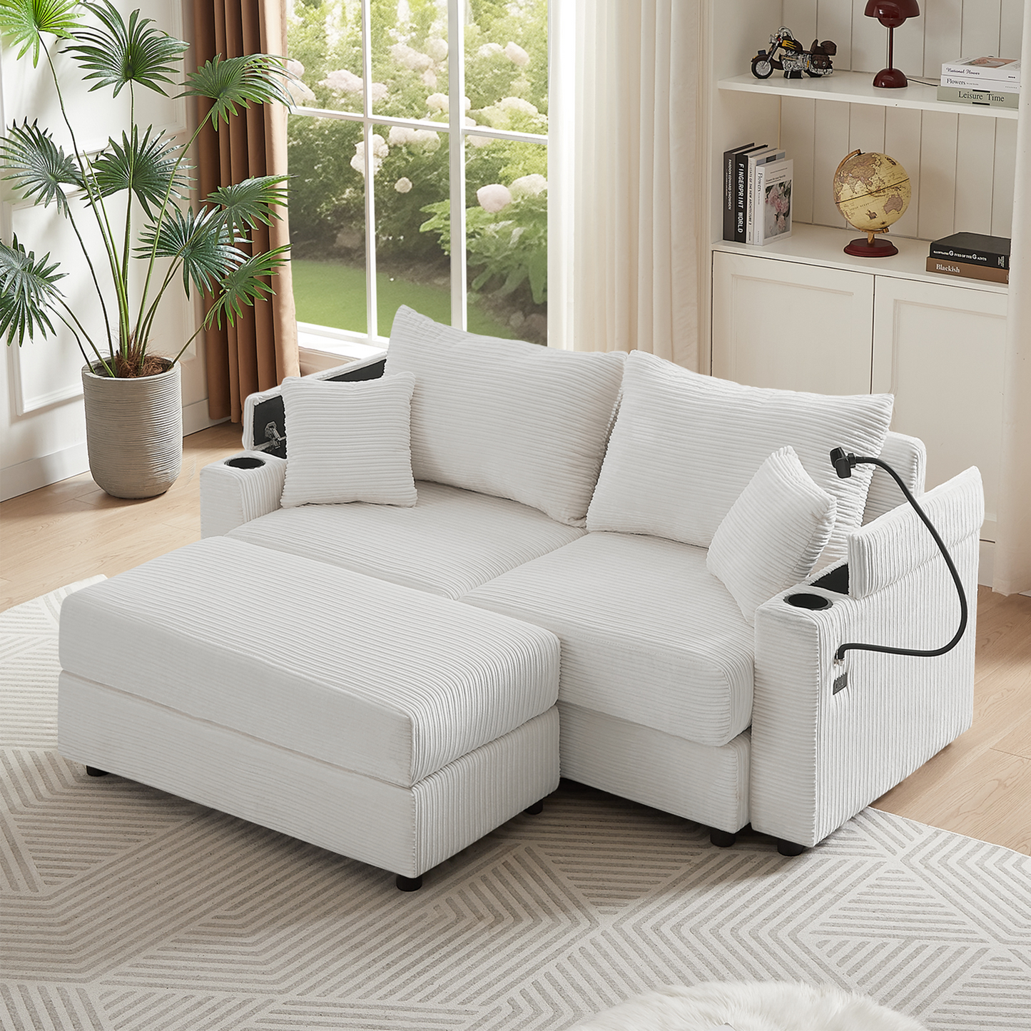 72.8" Modern Style Loveseat Sofa Sectional Sofa Couch with Storage Space, A Movable Ottoman, Two USB Ports, Two Cup Holders, A Phone Holder for Living Room, Beige