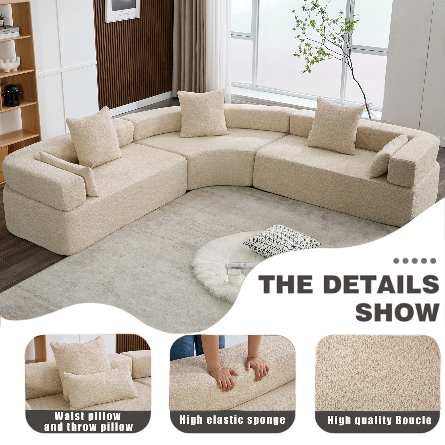 [VIDEO PROVIDED]Oversized Combination Sofa,Curved Sofa,Upholstered 4 Seater Couch for Living Room, Modern Modular 3 Piece Free Combination, Semicircular Modular Sofa , Boucle, Khaki