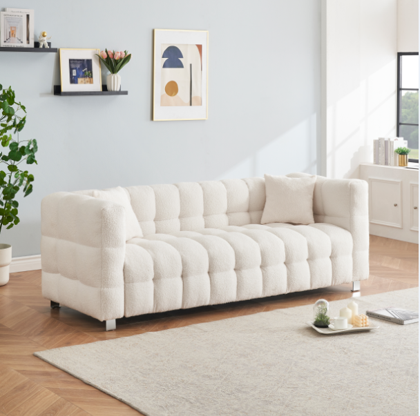 Beige White and teddy plush sofa 80 inch discharge in living room bedroom with two throw pillows hardware foot support