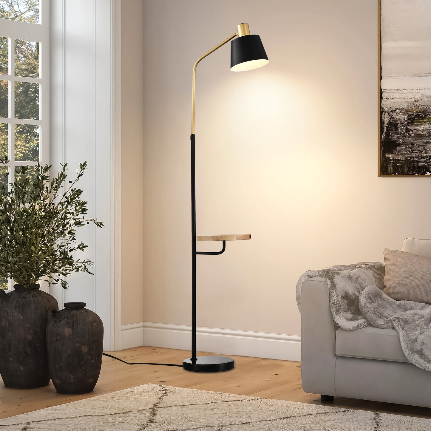 Real Marble Floor Lamp with Wood Bedside Nightstand End Table and Built-in USB Charging Port for Living Room Sofas Bedroom,Matte Gold +Matte Black