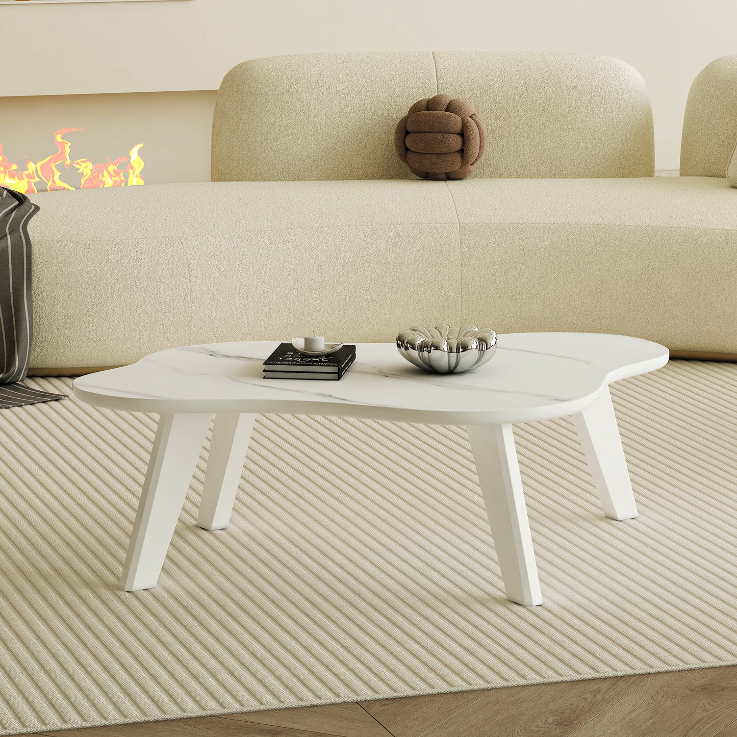 Modern minimalist white imitation marble tabletop coffee table. Solid wood spray painted desk legs, cloud shape to give you a new experience, computer desk. Suitable for dining and living rooms.