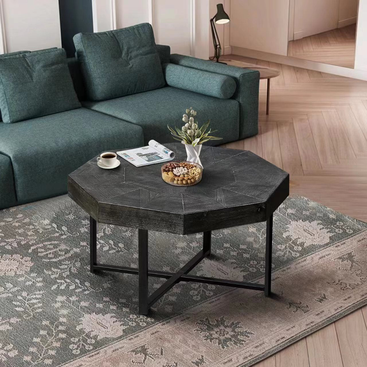 Wood Octagonal Vintage Patchwork Craft Farmhouse 30 Inch Wooden Table Top Cross Metal Legs Coffee Table for Living Room(Antique Black)