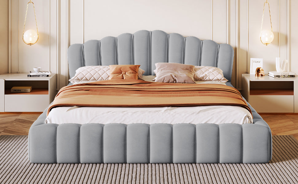 （缺货）Velvet Upholstered Queen Bed Floor Bed Frame Shell-Shaped Headboard for Bedroom,No Box Spring Needed,Light Blue