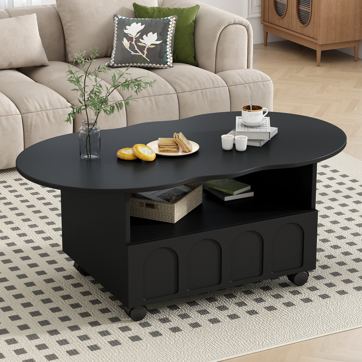 ON-TREND Flexible Cream Style Coffee Table with 2 Brake Wheels, Cloud Top Side Table with Drawer, Irregular Center Table with Large Storage for Living Room, Black, 39.37''x 23.6''