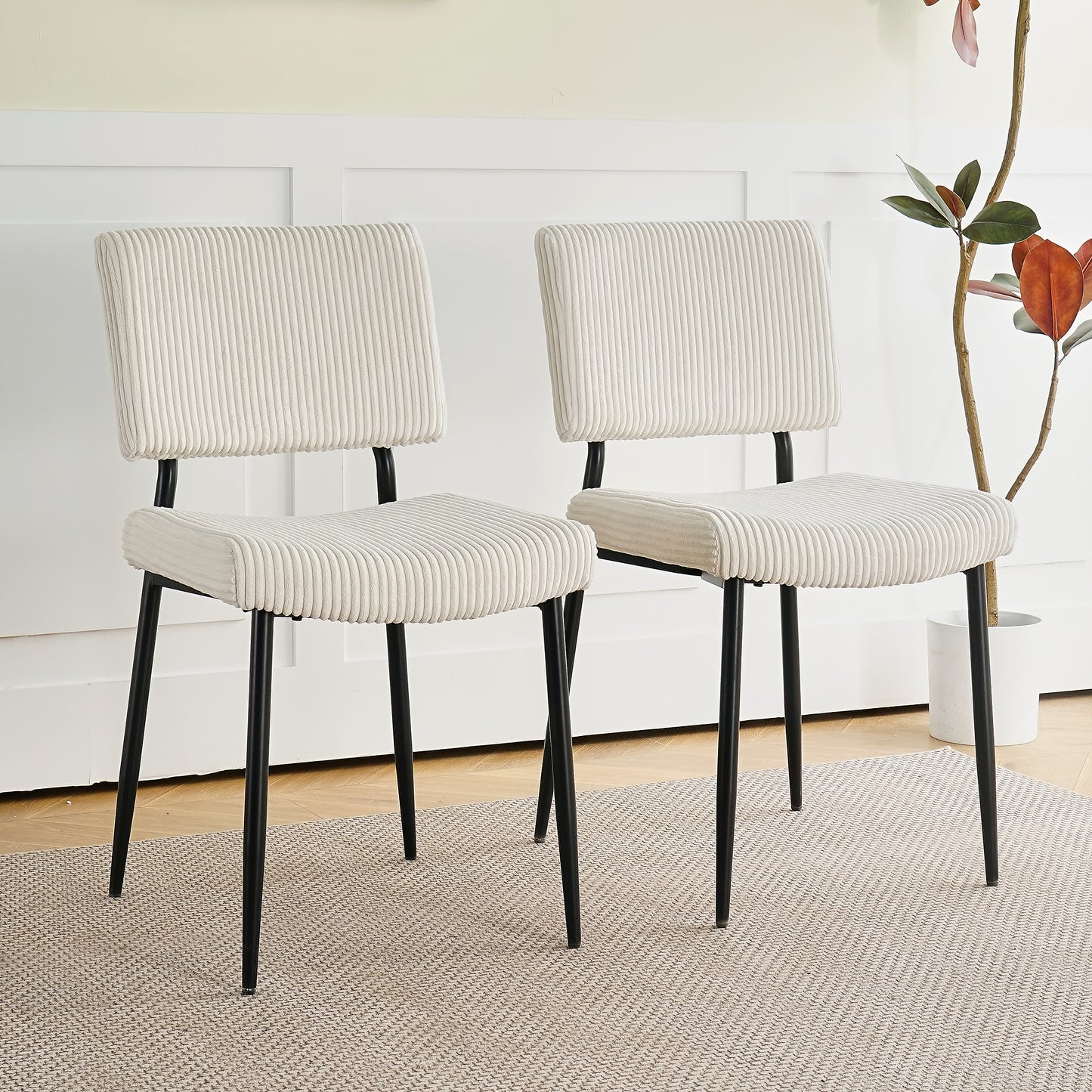 （9.19~9.26补货）Modern Beige simple velvet dining chair Fabric Upholstered Chairs home bedroom stool back dressing chair black metal legs(set of 2)