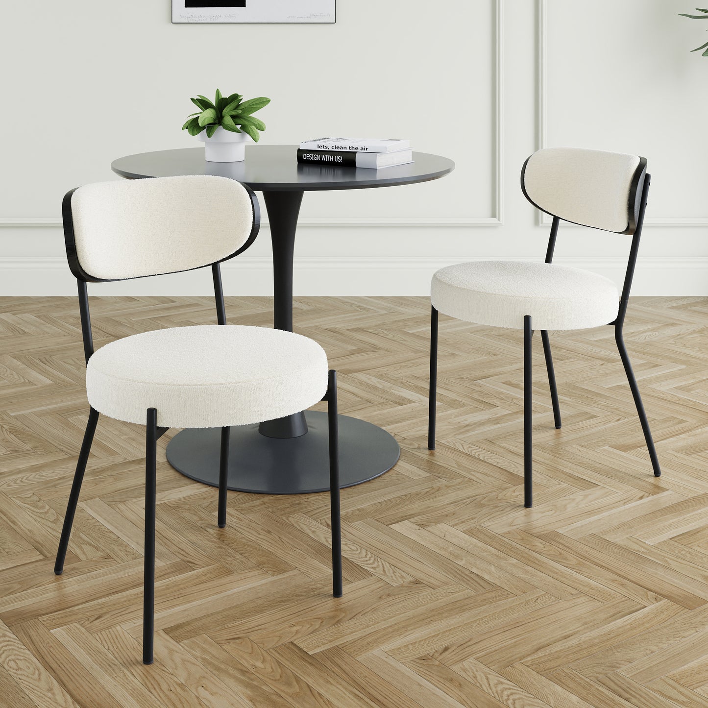 Modern grey simple teddy velvet dining chair Upholstered chair Family bedroom stool back dressing, Black round table set,Bentwood covered with ash veneer Chair back,chair black metal legs (set of 3)