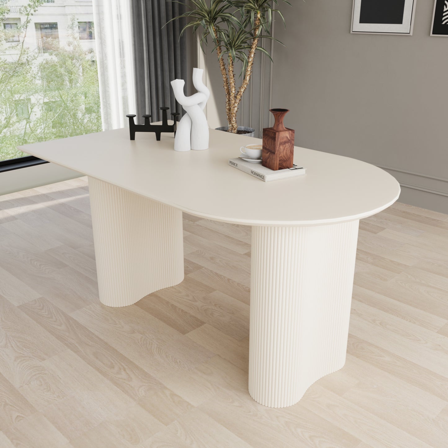 63 "Modern Fashion MDF New Cream Style Coffee Table and Irregular Side Table, 4-8 Person Dining Table, Thick Engineering Wood Round Wave Table Legs, Home Kitchen Thick Elegant Cream White Table Top