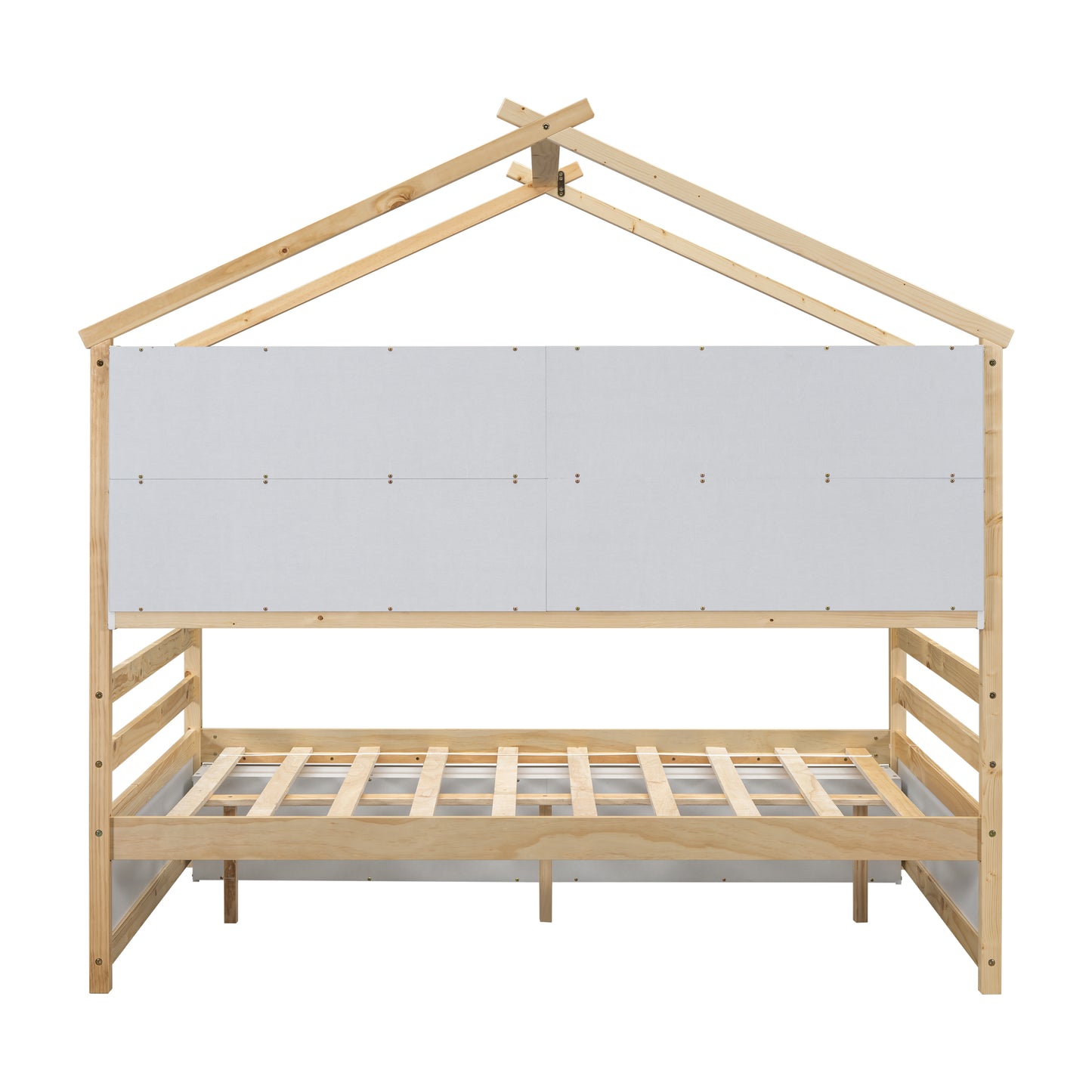 Full House Bed with Roof Frame, Bedside-shelves, Under Bed Storage Unit,Natural