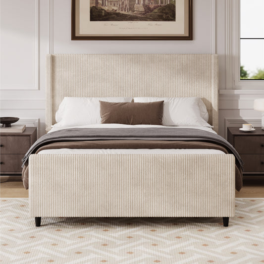 （缺货）50.7'' High Headboard Corduroy Upholstered Bed Frame with Vertical Stripe Wingback and High Footboard No Box Spring Needed, King Size, Cream