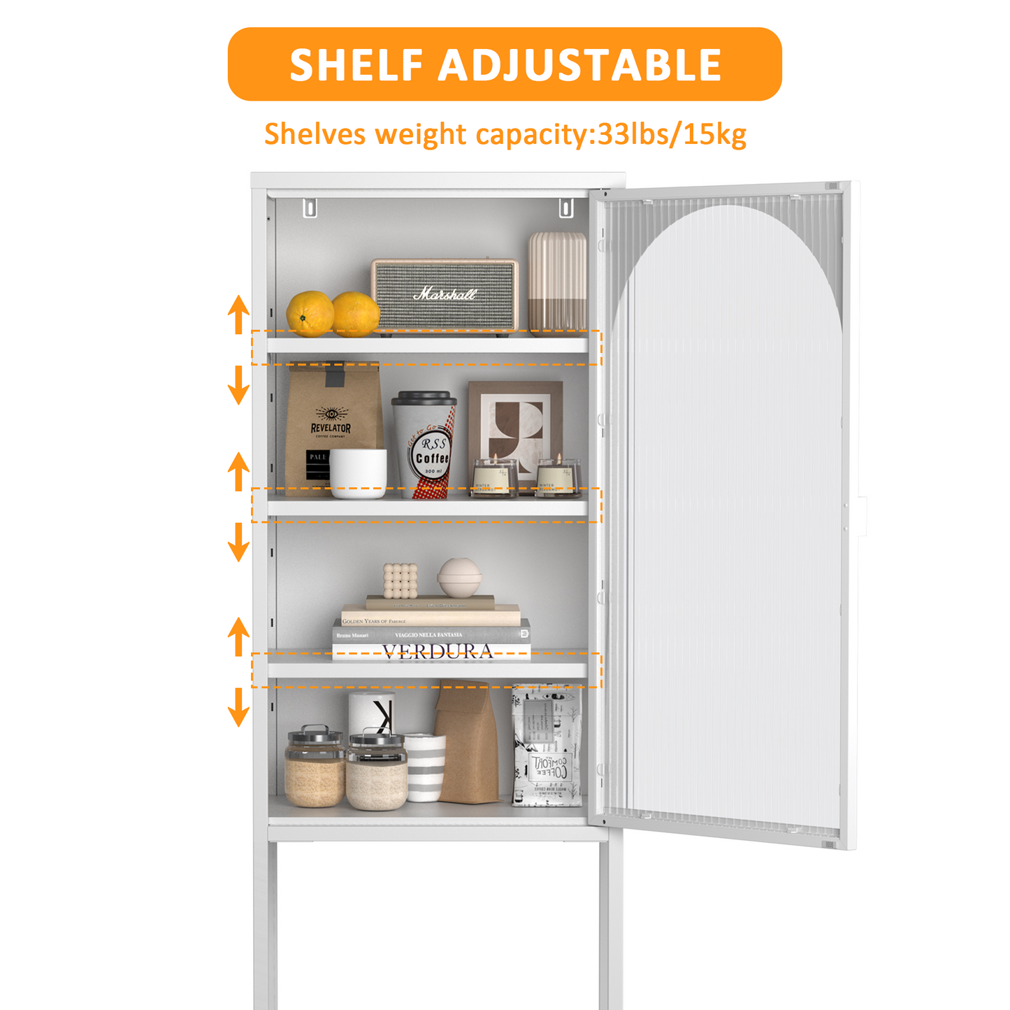 Metal Glass Door Display Storage Cabinet - 5-Tier Cube Bookshelf Storage Cabinet with 3 Adjustable Shelves For kitchen, dining room, living room, bathroom, home office,White