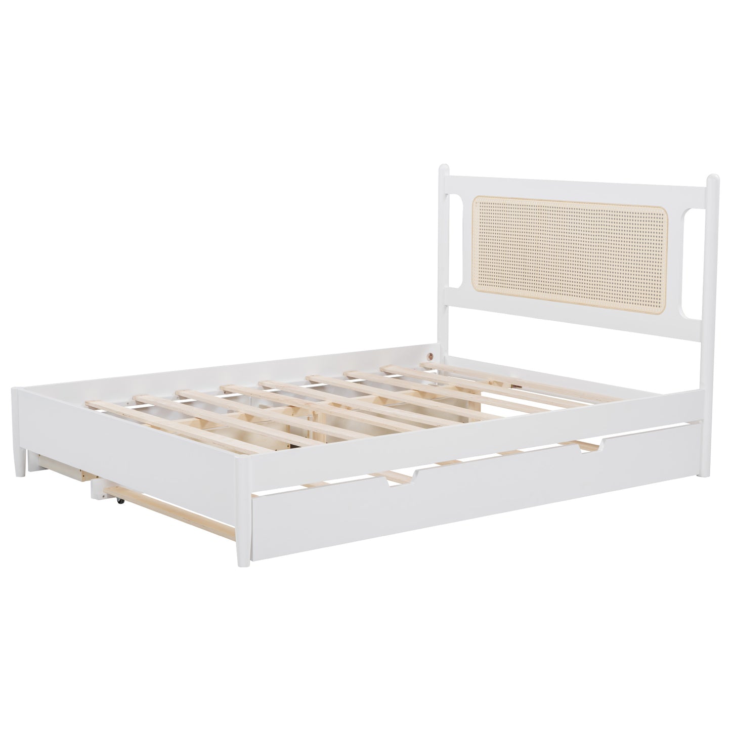 Queen Size Wooden Rattan Platform Bed, with 2 Big Drawers, T Size Trundle, White