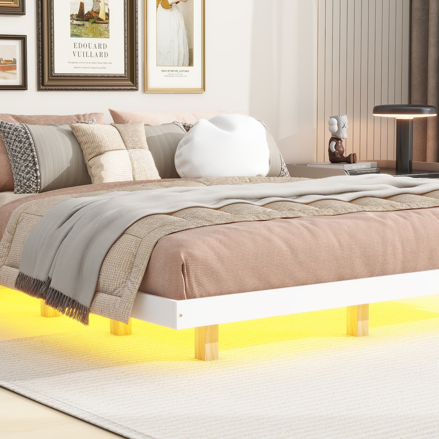 King Size Floating Bed with LED Lights Underneath,Modern King Size Low Profile Platform Bed with LED Lights,White