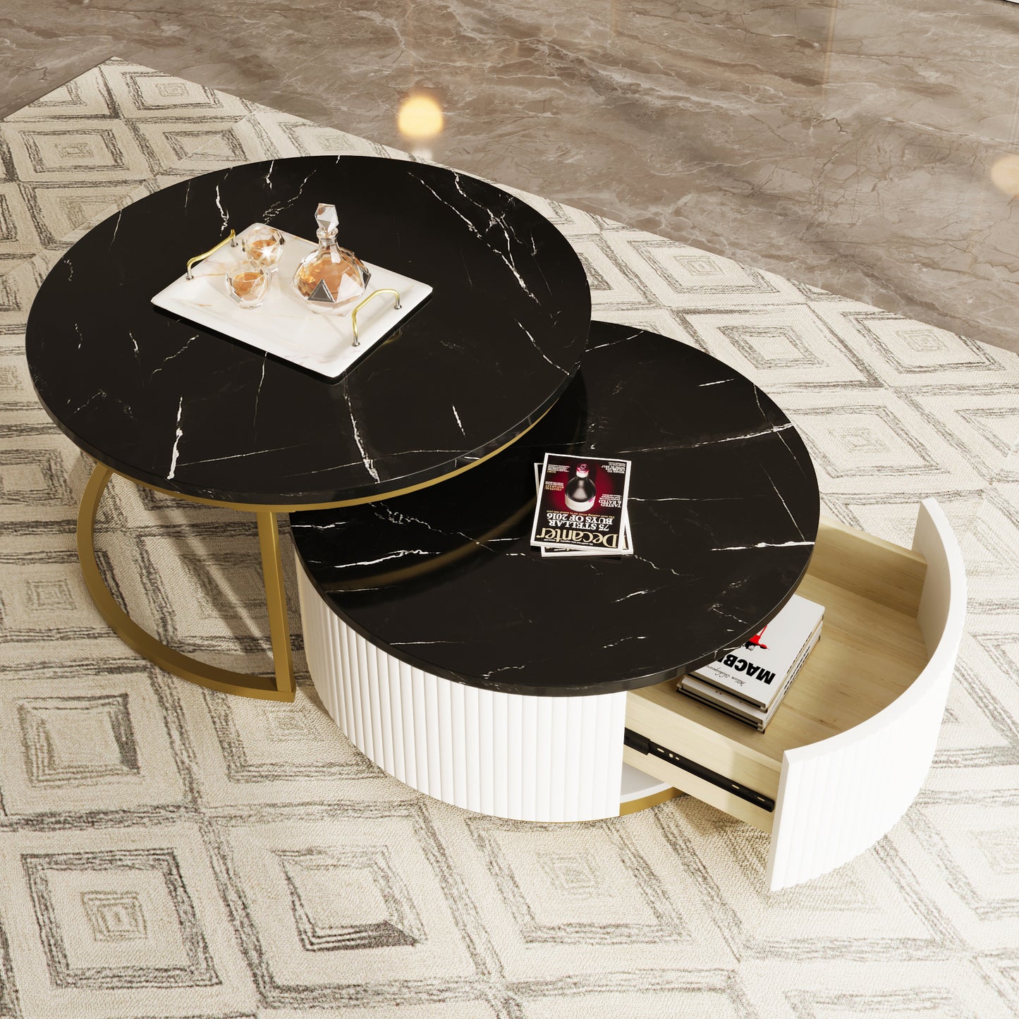 Modern Round Nesting Coffee Table Fluted with Drawer in Black & Gold in 31.5''