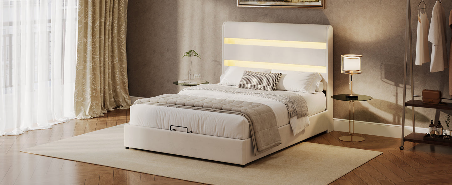 Upholstered Platform King Size Hydraulic Storage Bed, Lift Up Storage Bed with RGB LED Light Headboard, No Box Spring Needed,Velvet,Beige