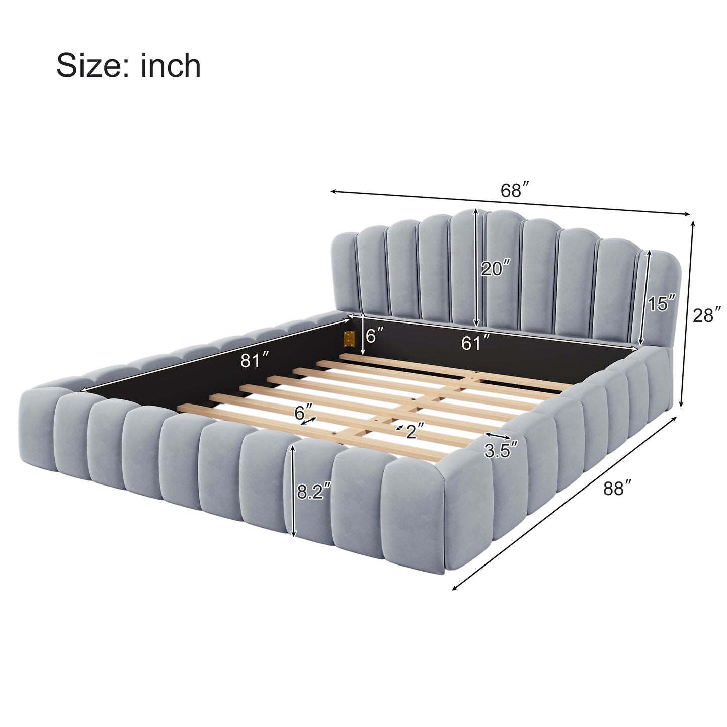 （缺货）Velvet Upholstered Queen Bed Floor Bed Frame Shell-Shaped Headboard for Bedroom,No Box Spring Needed,Light Blue