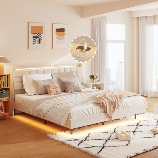 （预计9.18~9.25到货，同款queen size有货）King Floating Bed Frame with LED Light and Charging Station Upholstered Platform Bed Frame King Size with Headboard and Hidden Storage Space, No Box Spring Needed, Beige