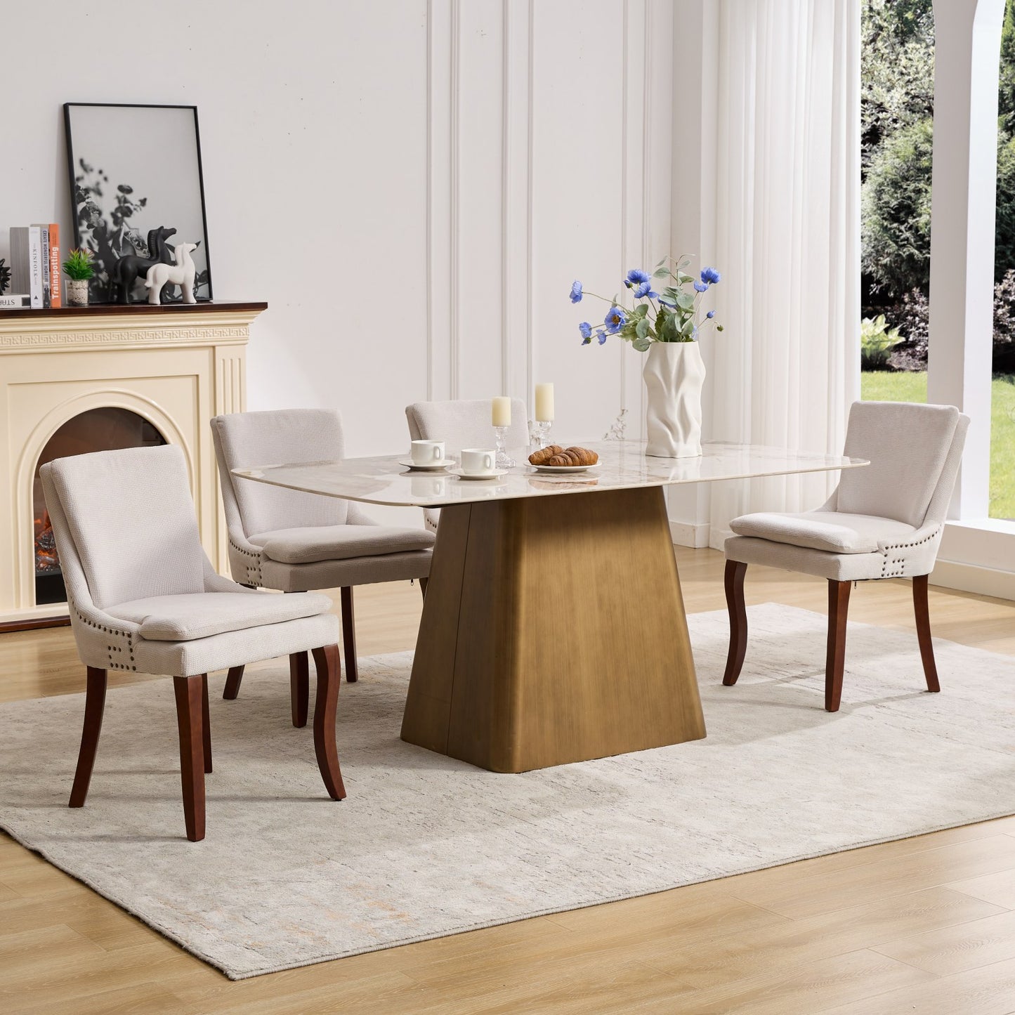 （预计12.29-1.5到货）Modern Dining Chairs Set of 2,Double-layer Cushioned Chenille fabric Upholstered Accent Side Leisure Chairs with Mid Back and Curved Solid Wood Legs for Living Room/Dining Room-Beige