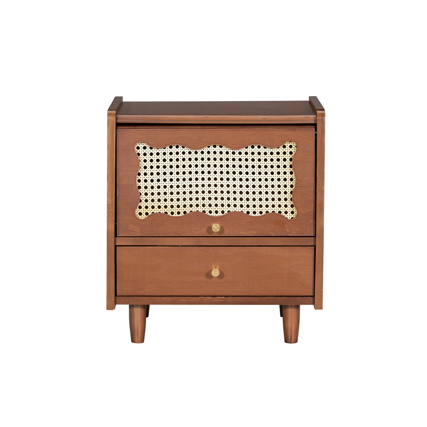 Wooden Nightstand with Rattan-Woven Storage Cabinet and 1 Drawer, Exquisite Elegance with Natural Storage Solutions for Bedroom, Walnut