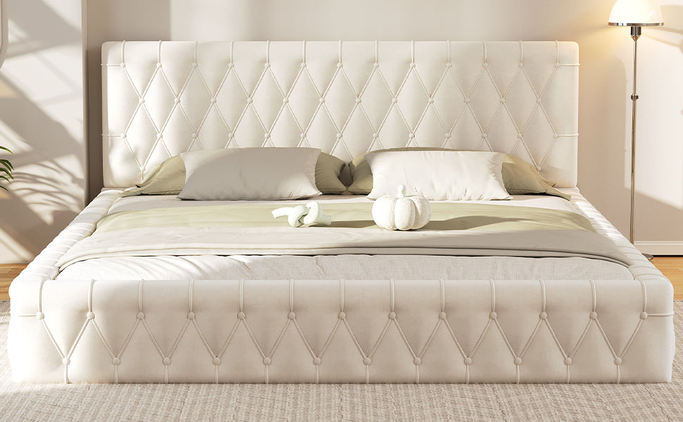 Queen Size Upholstered Bed with Tufted Headboard, Modern Velvet Platform Bed , No Box Spring Required, White