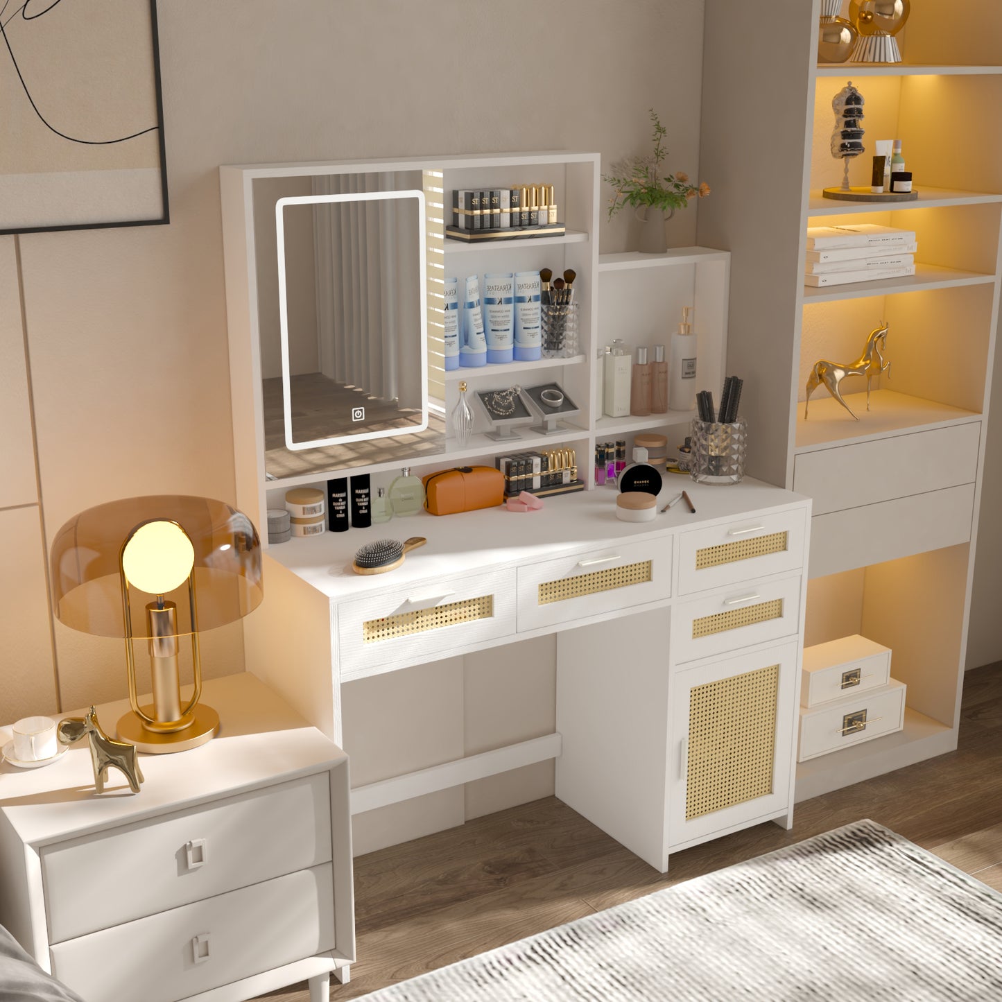 Makeup Vanity with Lights in 3 Colors & Openable Mirror, Vanity Desk with 4 Drawers & 1 Cabinets & Shelves, Vanity Table Rattan Vanity Dresser, for Bedroom