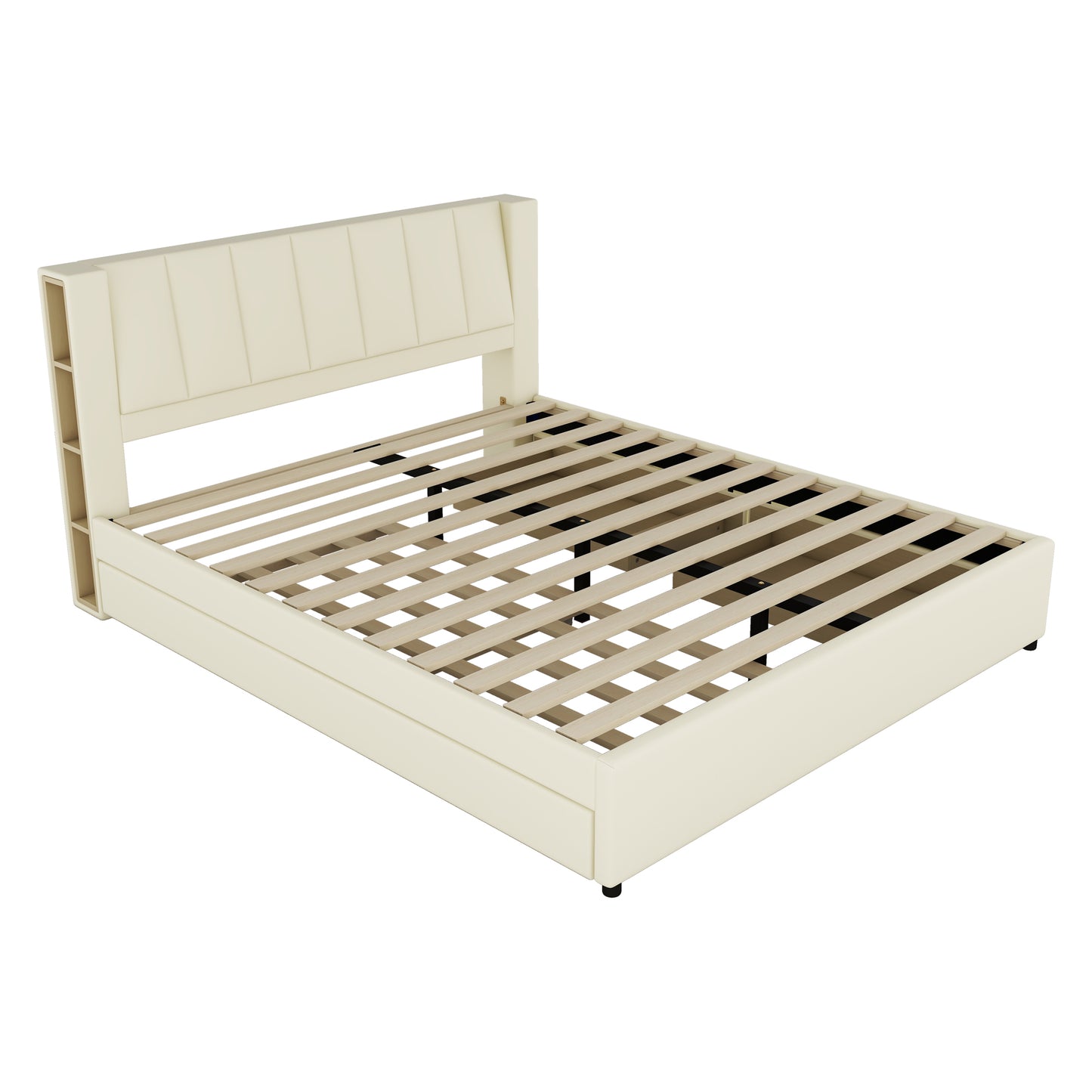 King Size Upholstery Platform Bed with Storage Headboard, 2 Drawers and Trundle,Beige