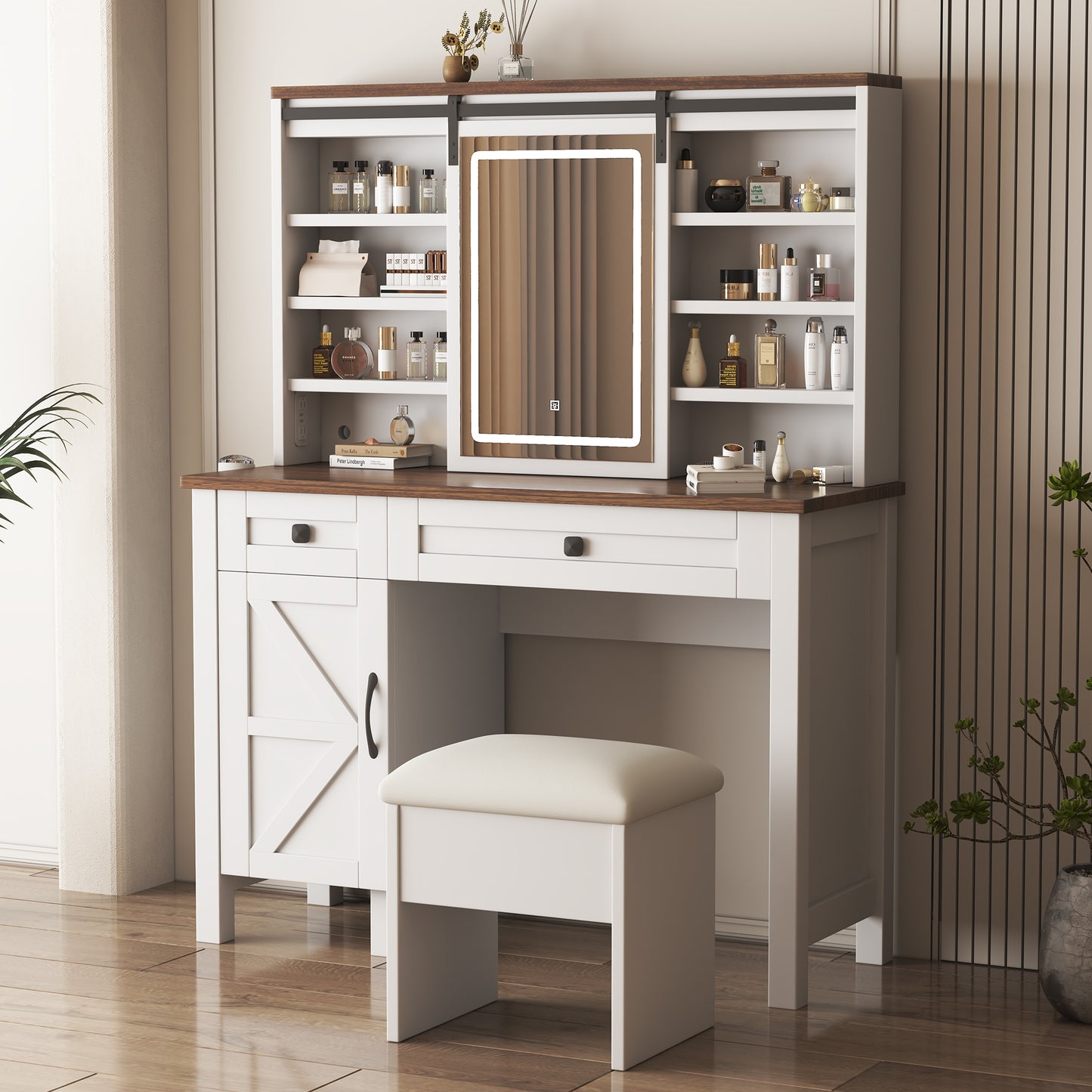 Farmhouse Makeup Vanity Desk with Sliding Mirror and Lights and Hairdryer holder and charging socket Multilayer storage Shelves,and 2 drawer and big storage cabinet Rustic Big Vanity Set for Bedroom