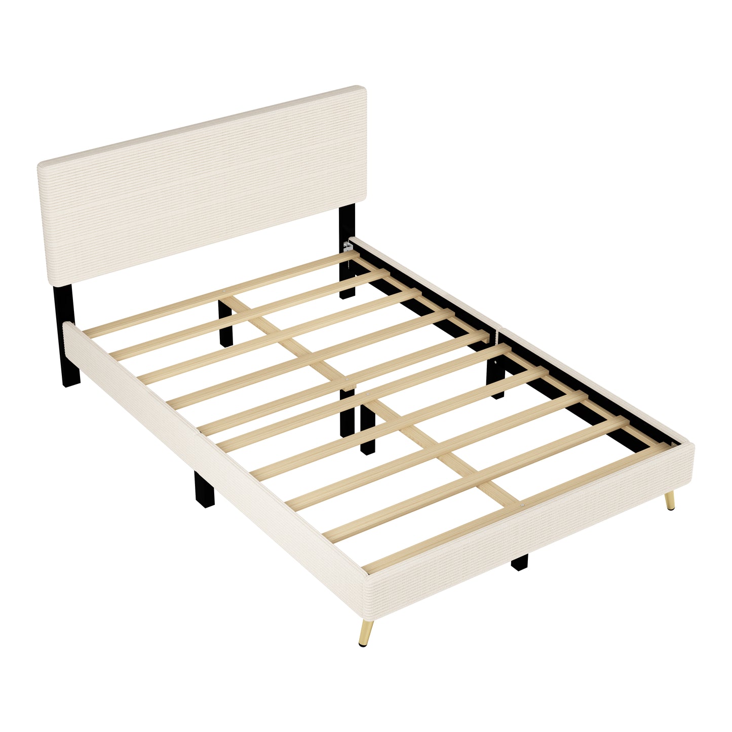 Queen Size Corduroy Upholstered Bed Frame, Platform Bed with Horizontal Stripe Headboard, No Box Spring Needed, Beige