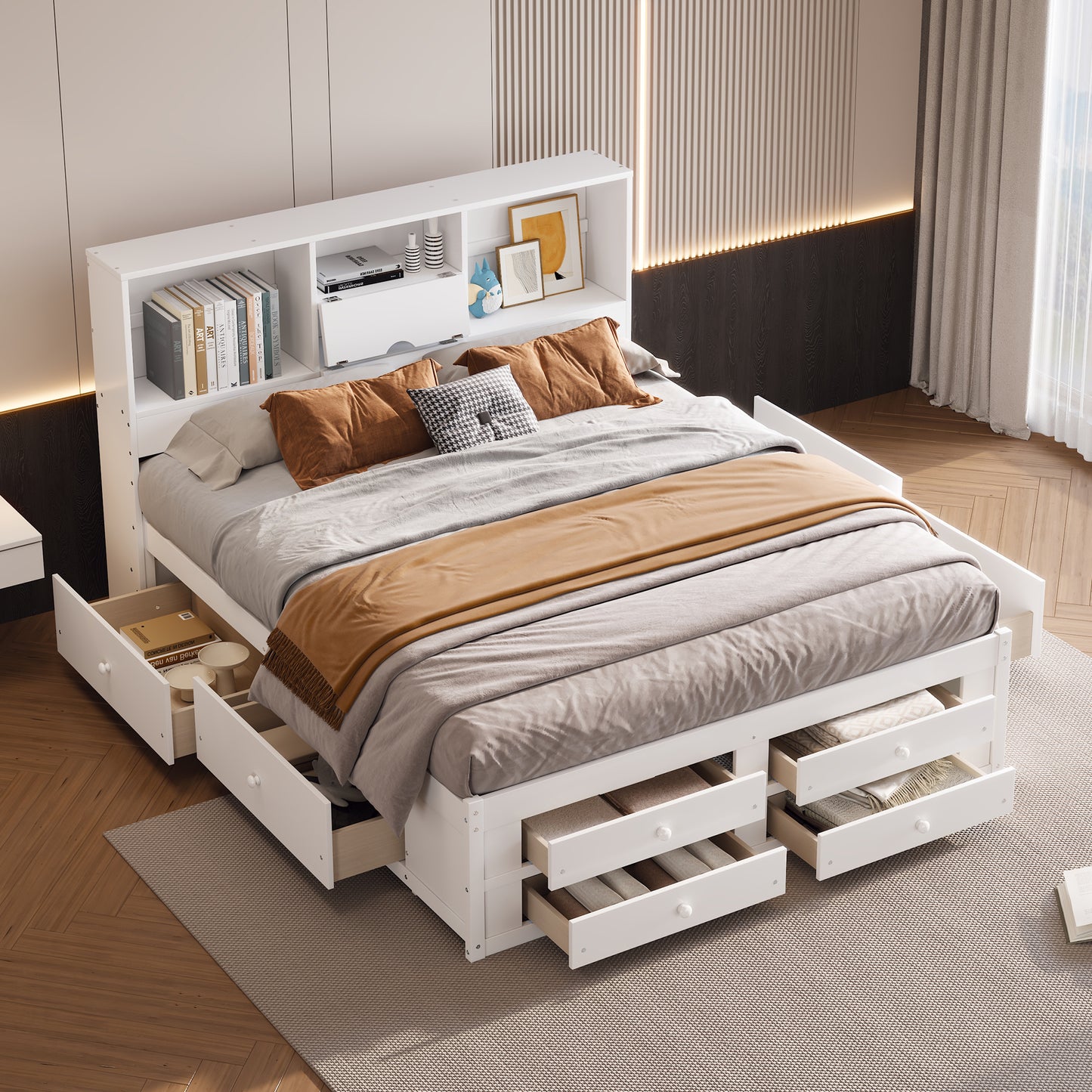 （缺货）King Size Platform Bed with Storage Headboard and 8 Drawers, White