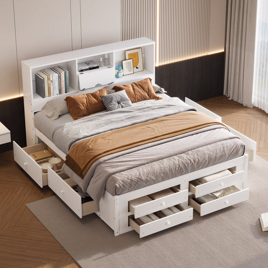 King Size Platform Bed with Storage Headboard and 8 Drawers, White